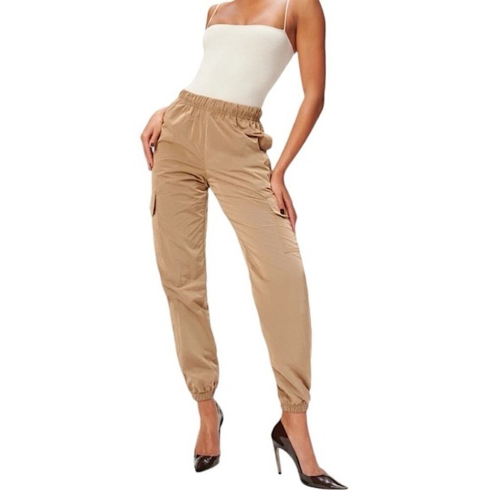 NWT Good American Essential Shine Boyfriend Jogger Cargo Pants in Putty Sz 4 XL